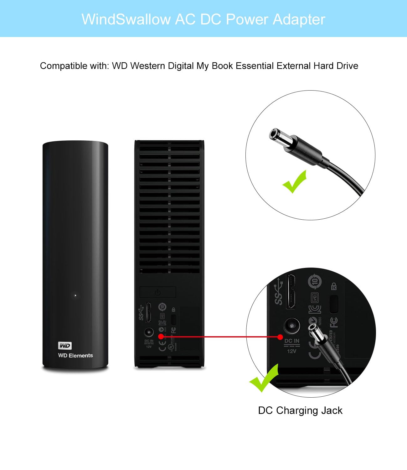 WindSwallow 12V AC Power Cord for WD My Book Essential 1TB-4TB External Hard Drives - Reliable Power Supply Cable